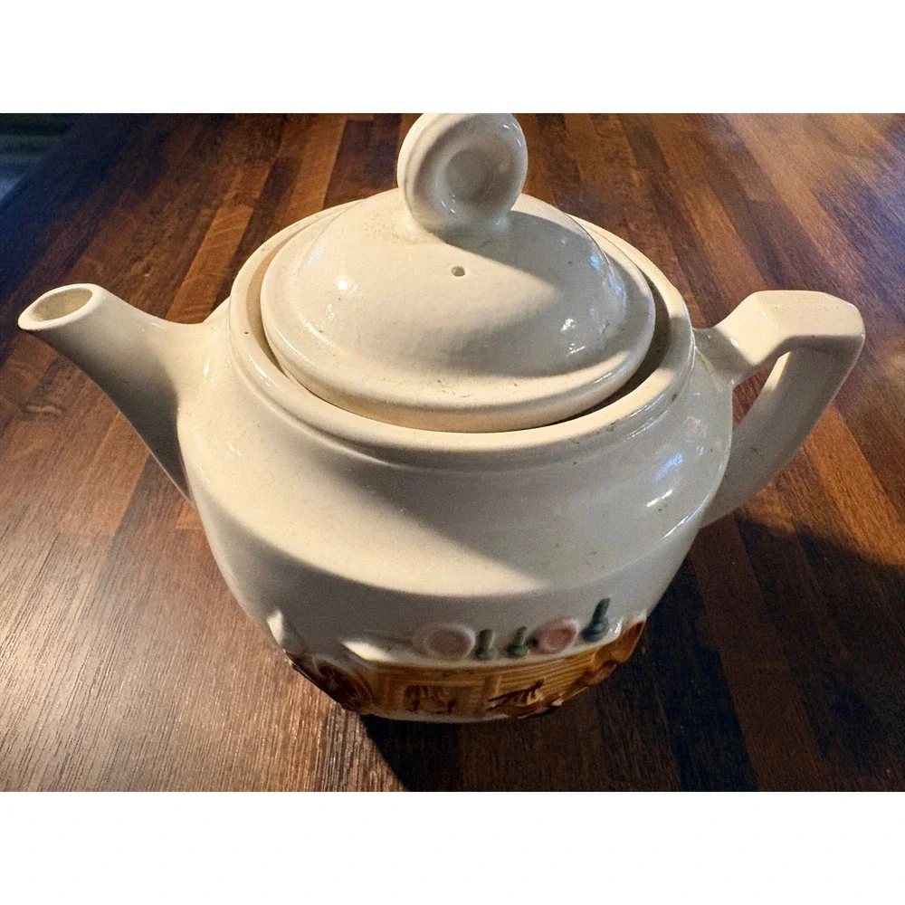 Vintage Porcelier Vitreous‎ China Teapot Raised Relief Hearth Scene Made in USA